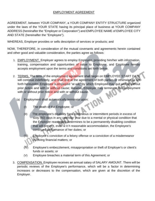 Employee Contract Template - ATTORNEY TO REVIEW