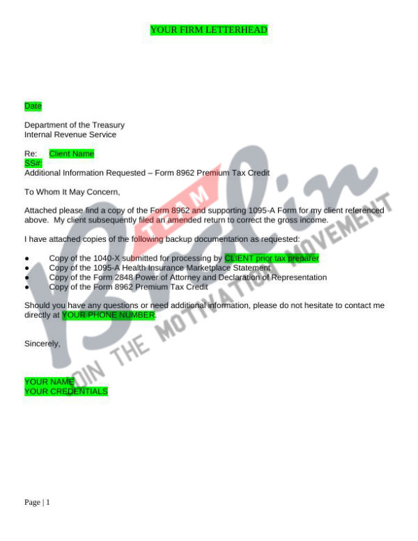 Response Template - IRS Letter for 1095-A and Form 8962